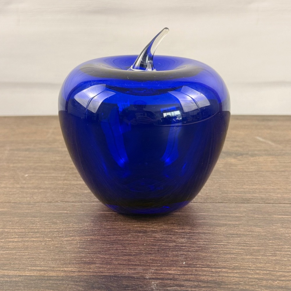 Blenko 882 Apple Sapphire Blue Art Glass Paperweight Clear Stem